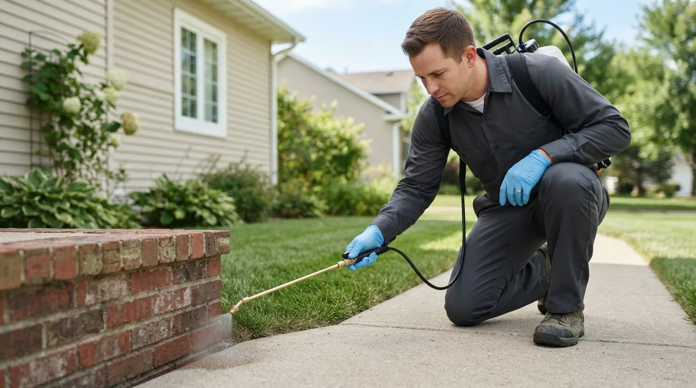 Pest control technician treating a home near Lindsey, OH