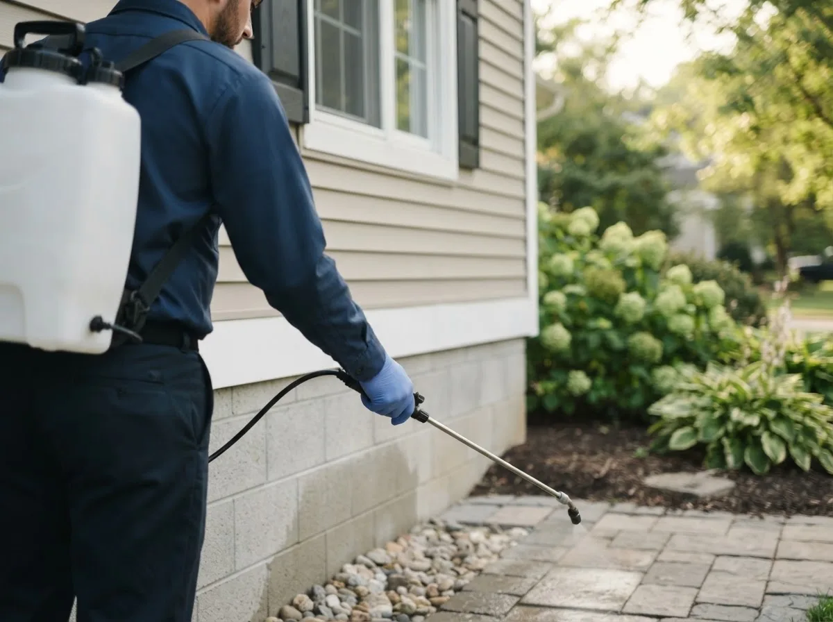 Pest control technician inspecting a home in Lindsey, OH